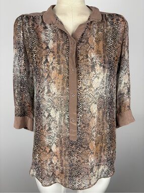 Aritzia Wilfred 100% Silk Sheer Snakeskin Blouse Brown Tan Neutral XS